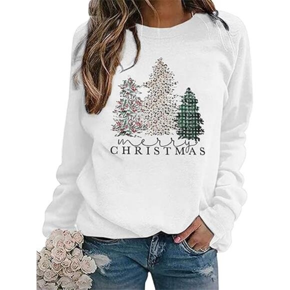 Merry Christmas Sweatshirt for Women - Plaid Holiday Long Sleeve Tree - Picture 6 of 6